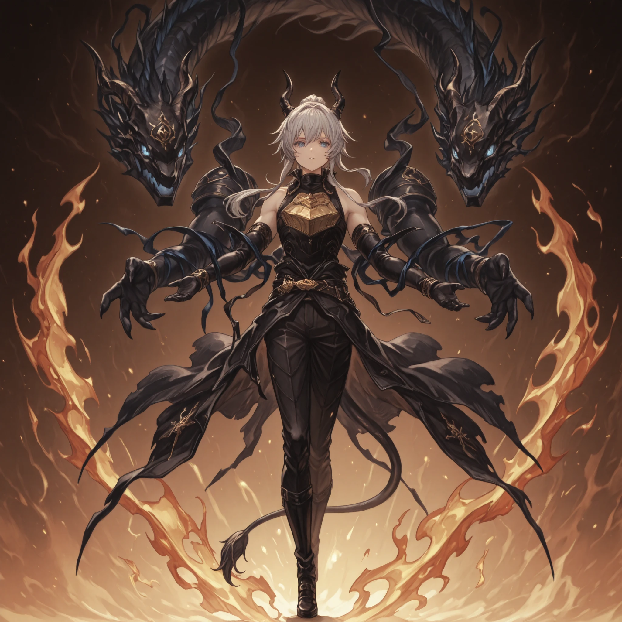 (Corpo e Tamanho ): sozinho, 1 ,  e baixo,  personagem pequena, personagem curto, personagem curto ,   Personagem 1  ,50 metros de altura,  e baixo,   personagem jovem, of Lucifer with a male body of Rimuru Tempest of "Tensei Shitara Slime Datta Ken", male character;

( Hair and head   )cabelo loiro, Hair like Flamme's hair "congelar:  Beyond the End of the Journey ", franja longa, color black with horns like those of Reed, The Shadow of the Flame of "arknights";

Face and body like Alice Zuberg "sword art online", flashy blue eyes, rosto provocativo,  sorriso provocante , rosto jovem, perfeito e bonito,  corpo masculino, sem seios, corpo de meninotomia perfeita, , the character's tail must be a dragon and must be Black (with a golden flame on the tip of the tail), black tail like that of Reed, The Shadow of the Flame of "arknights", They must be black;

Colored arms in the Nian style of "arknights" (, but arms and hands must be painted in the colors black with gold details), exposed arms and shoulders, hands with claws, black hands with gold details, black arms with gold details, always wearing Reed's coat;

Black coat like Reed's on "arknights",  tactical military clothing  (colada no corpo) black with gold details like the character / Lucio - Granblue Fantasy - (Ilustre) [ commission ],  black pants, exposed arms, corpo baixo, exposed arms and shoulders, coat falling down the arms;

creating a large golden flame in the hand;

fundo preto, attack position, coat looking at the observer,  mãos e black arms with gold details, sempre vestindo o;

Pose chamativa, exposed shoulders and head, perto do rosto, looking at the character, coat looking at the observer, cara a cara,  sorriso provocante ,    Confidence   ,  e baixo,   personagem jovem, the same height as the character Rimuru Tempest;