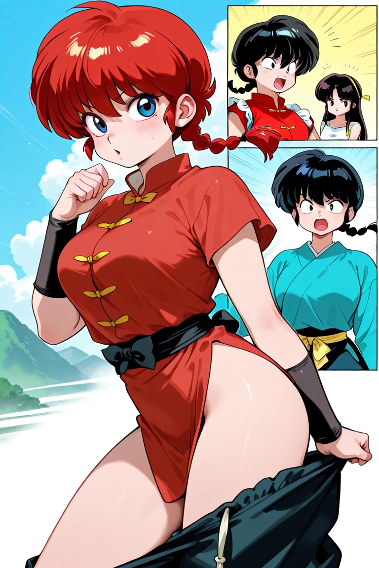 ((((masterpiece)))), high quality, very_high_resolution, large_filesize, full color, heavy outline, clear outline, colorful, (beautiful detailed eyes), (beautiful face:1.3), boyish face, 1 girl, (femaleranma), (red hair), short hair, (braided ponytail), ((bangs)), bumpy bangs, blue-gray eyes, big breasts, curvy, completely nude, black-wristbands, (standing), hand on hip, front view, full-face blush, cameltoe, pink striped sports bra, pink striped pantie, ((Chibi:1.3)), 1girl, solo, cute, young sister, (red har, single braided ponytail hair), (jitome, fangs, open mouth), ((ranma-chan)), ((outfits:chinese clothes)), dynamic angle, exciting, takahashi rumiko, 1990s \(style\), retro artstyle, watercolor\(medium\)