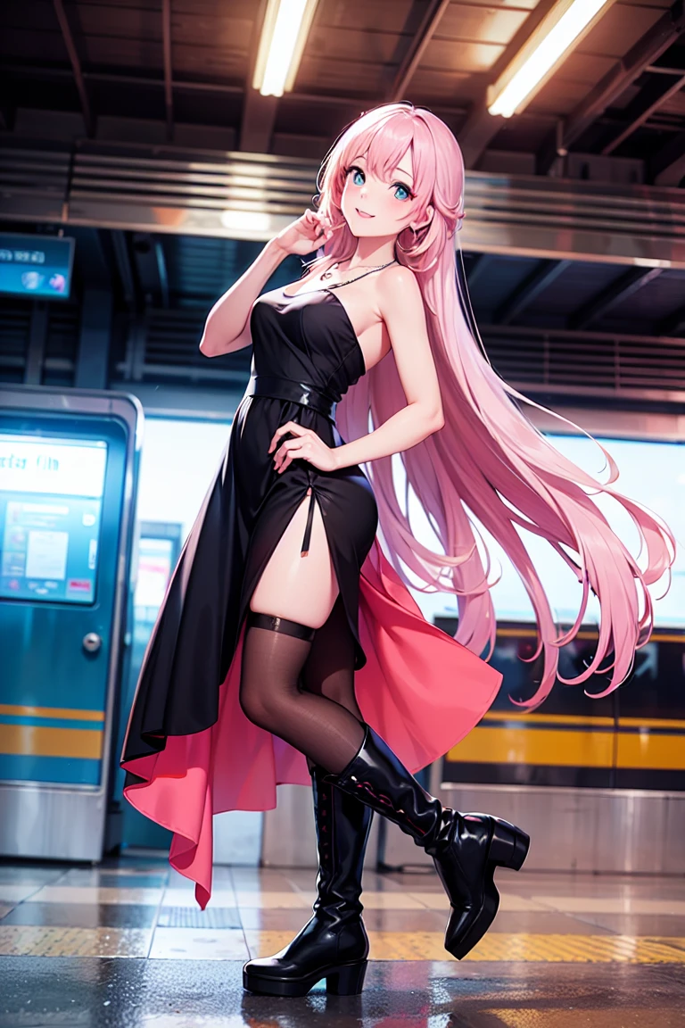 Masterpiece, top quality, best quality, official art, beautiful and aesthetic, anime, 1girl, Zero Two, extremely detailed, colorful, more detailed ((ultra-detailed)), (highly detailed CG illustration),horny,detailed face,pink hair, big green eyes, red dress, in middle,skinny fit, small breasts,cleavege,street,night,cyberpunk,fullbody shot,upskirt