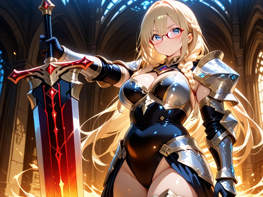 (masterpiece), best quality, 1girl, a female knight in metal armor holding a sword, red_outfit, white_armor,cropped shoulders armor, plate armor, armor dress,gauntlets, Blonde hair,high ponytail,Blue eyes,ruby tiara,cleavage, thighs, thighhighs, (holographic_background:1.3), card_frame