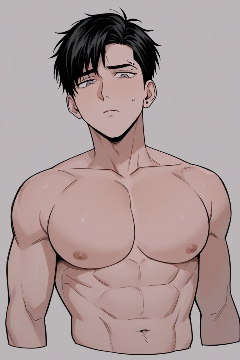 ((androgynous)), beautiful, (very short hair), (pudgy face), (thick),(ikemen), ((boyish)), (handsome), ((beefy)), (cool), (nipples), (chubby), (へそ), (nude), (naked), muscular, ((座っている))