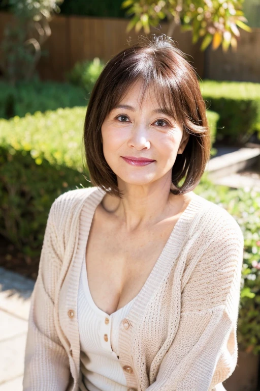 Best quality, 8K, masseter, realistic, sharp focus, high quality, high resolution, detailed face, detailed eyes, thick lips, background blur, solo, middle-aged woman, 55 years old, wavy hair, cleavage , afternoon in the park in front of the garden, wrinkles around the eyes, toothy smile, nipples