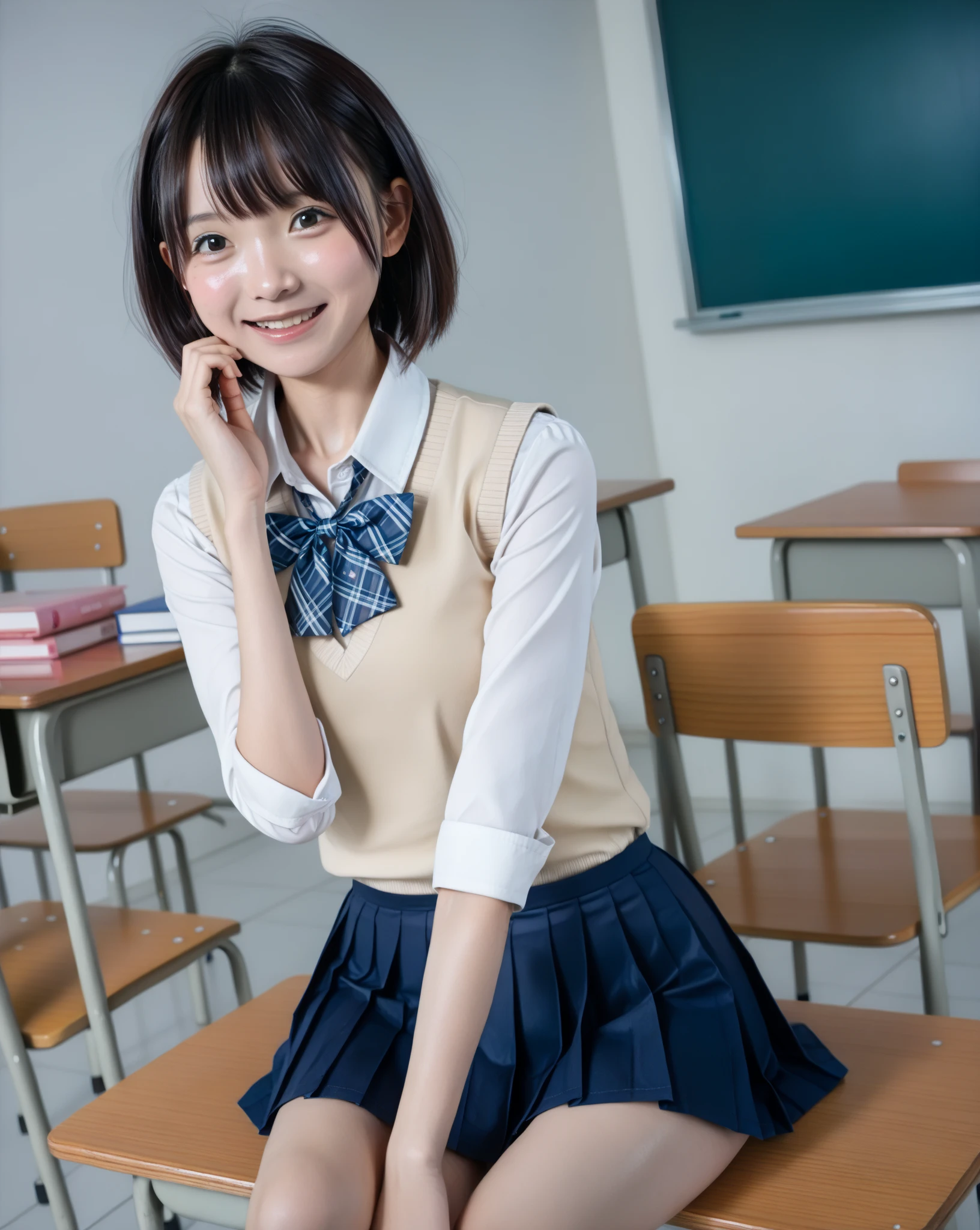 Highest quality、masterpiece、、Very detailed、Realistic、(Young face:1.4)、(Looks like an elementary school kid:1.4)、(Two Girls)、(Looking at me with a mischievous smile)、whole body、Small face、Narrow shoulders、(Very small breasts:1.5)、Thin and beautiful legs、Tight and slim waist、(Waitress uniform with buttons and collar:1.2)、(Light blue plaid mini skirt:1.1)、Short Hair、apron、restaurant、(Open the buttons on your chest a little and lean forward.)