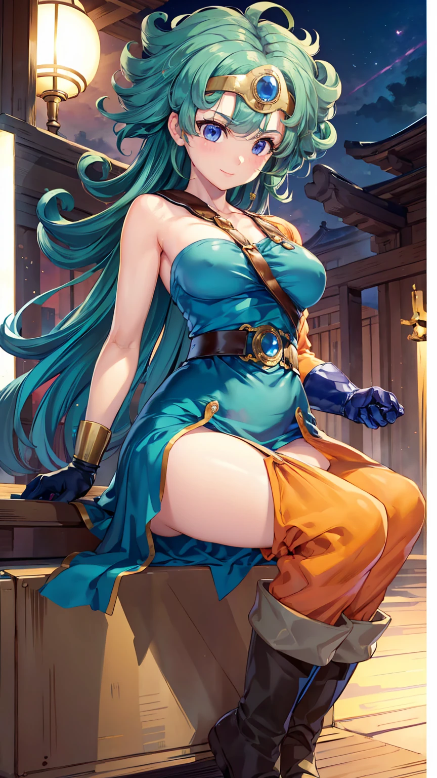 ANIME , high detailed
1 chunky girl, long hair, blue-green hair, yellow eyes, angry face, busty, round buson, gorgeous chunky body, yellow Sattela' clothes, Very large blue Long skirt, large knife in hands, Dynamic action position, action pose