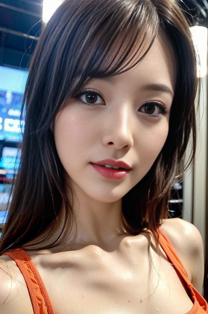 cowboy shot, masterpiece, best quality, extremely detailed, beautiful korean girl, (((girl all nude))), big smile, hyperrealistic, photorealistic, a pretty announcer, a detailed studio, during the news program, sitting, ultra detailed face