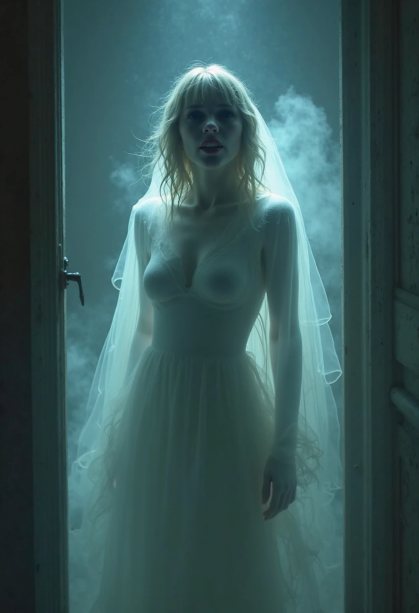 a blonde woman with large breasts and wide hips, ghost possessing her, detailed face, beautiful eyes and lips, elegant dress, dramatic lighting, cinematic composition, dark moody colors, horror, gothic, high quality, photorealistic, 8k, dramatic lighting, dramatic shadows, glowing eyes, ethereal, mysterious, dark fantasy
