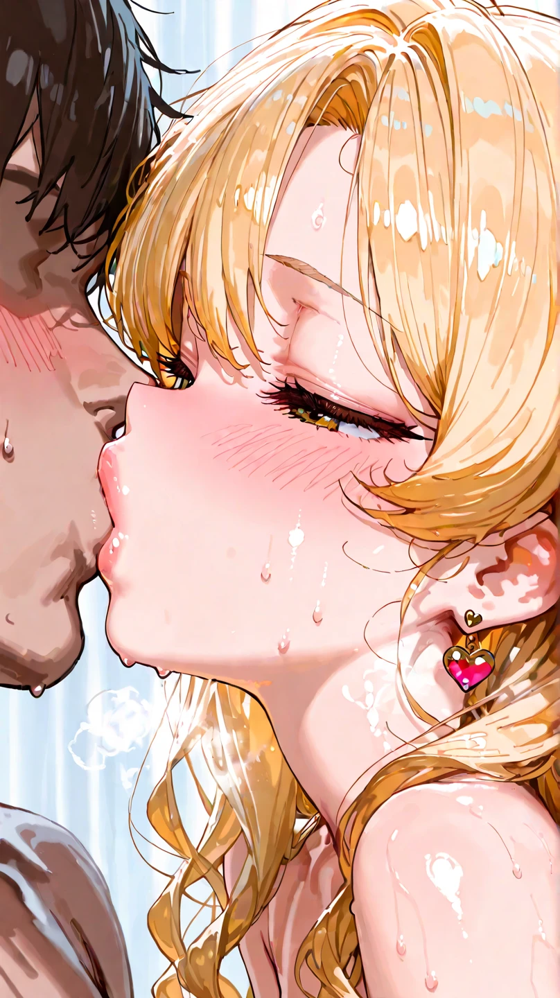 score_9, score_8_up, score_7_up, (anime colors:1.2), inukaikomugi, upper body, indoors, bathroom, small breasts, petanko, kneeling, smile, blush, nose blush, blowjob, fellatio, 1 boy, penis, erect penis, penis in mouth, looking happy, saliva dripping, hand on another head, , cum in mouth,