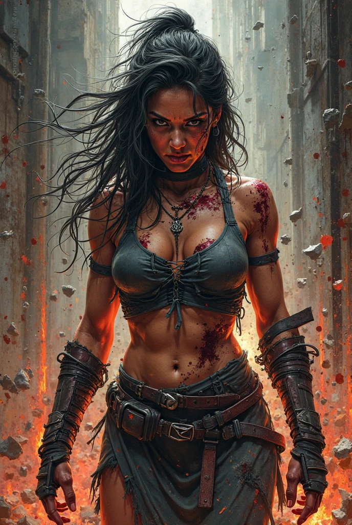 Full body picture from a female tomb raider with long black hair and slightly shiny brown skin dressed only in a loose open dripping white loincloth, with a very ripped and torn blouse with a plunging neckline, pushed down over her right shoulder, stands in a dark room-lit with flickering torches on the inside of a large very old mysterious underground Mayan temple. Her skin and clothes are dirty with mud. A large dark menacing shadow moves in the background.A female tomb raider with long blonde hair and slightly shiny tanned skin dressed only in a loose open dripping white loincloth, stands in a dark room-lit with flickering torches on the inside of a large very old mysterious underground Mayan temple. Her skin and clothes are dirty with mud. A large dark menacing shadow moves in the background.