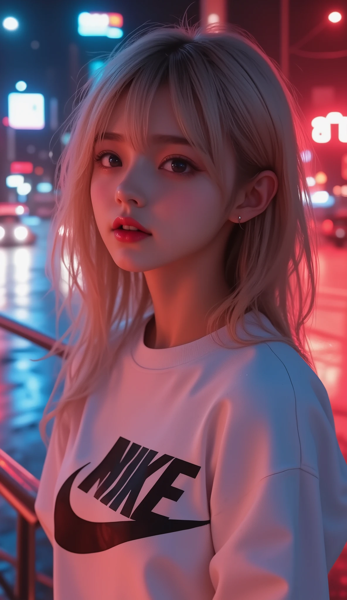 8K, best quality,masterpiece,amazing quality,ultra-detailed,delicate illustration, best shadows, very detailed, scenery, depth of field, volumetric, cinematic perspective, hyper-realistic, masterpiece, best quality, amazing quality, highly detailed, very aesthetic, newest) , , sexy pose,small breasts,
blushing, asian girl, small head, pretty girl, korean girl,
((slim body)),), Dynamic angle, Dynamic pose,
ear piercings, Nswf, masterwork, masterpiece, best quality, dynamic lighting , dynamic pose,, dynamic angle, , , (lineless:1.2), detailed, depth of field, dynamic lighting, blurry, (cheekbones:0.85), (realistic:1.2), white background,
,, ultra-HD, cinematic lighting, photorealistic, (impressionism:1.5), high detail ,masterpiece, best quality, very aesthetic, 8k,,,,
>
[
masterpiece, newest,absurdres,incredibly absurdres, best quality, amazing quality, very aesthetic, mixed media,
1girl, bored, oversized shirt, white shirt, nike print, blonde, bridge, car lights, red theme, traffic light, public service announcement