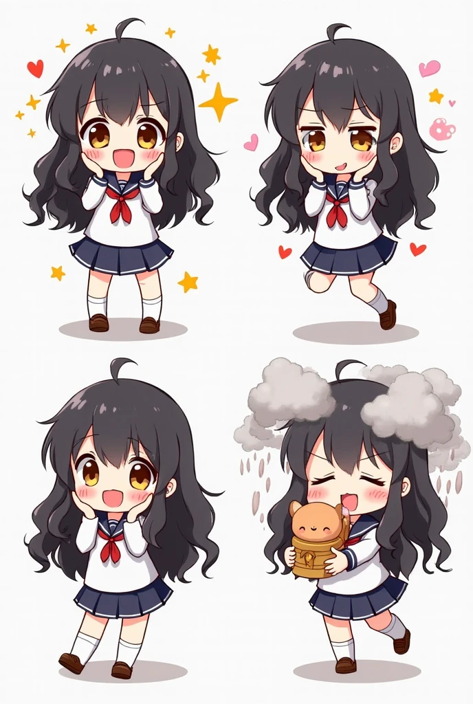 Cute anime schoolgirl, long wavy black hair, big amber eyes, small face, soft blush, kawaii style, Japanese school uniform (sailor outfit), pleated skirt, ribbon tie, white socks, brown loafers. 

Four emotional expressions: 

Joy – bright smile, eyes sparkling, hands on cheeks, stars and hearts around her, jumping happily. 

Anger – red puffed cheeks, frowning, clenched fists, small fangs showing, steam rising from head. 

Sadness – teary eyes, trembling lips, hugging a plushie, raincloud above head, hunched posture. 

Calm happiness – closed eyes, soft smile, holding a bento box, cherry blossoms falling around. 

Chibi or kawaii anime proportions, vibrant colors, white background, clean layout like a character emotion sheet.