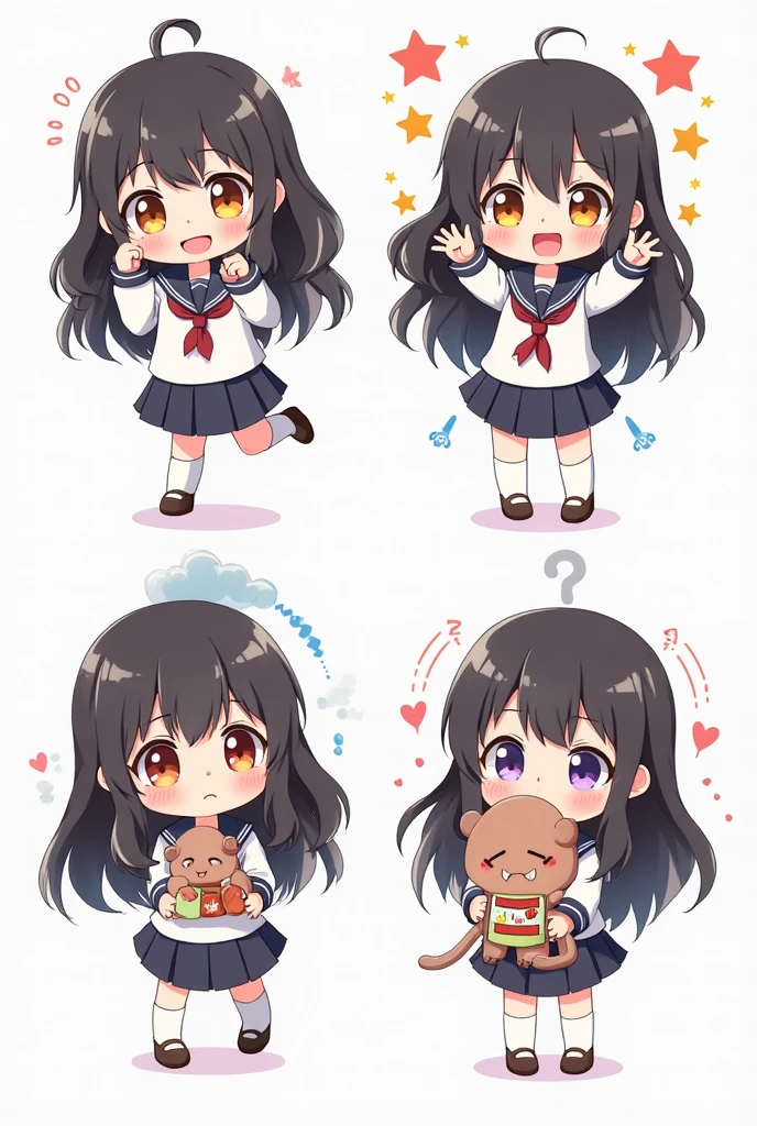 Cute anime schoolgirl, long wavy black hair, big amber eyes, small face, soft blush, kawaii style, Japanese school uniform (sailor outfit), pleated skirt, ribbon tie, white socks, brown loafers. 

Four emotional expressions: 

Joy – bright smile, eyes sparkling, hands on cheeks, stars and hearts around her, jumping happily. 

Anger – red puffed cheeks, frowning, clenched fists, small fangs showing, steam rising from head. 

Sadness – teary eyes, trembling lips, hugging a plushie, raincloud above head, hunched posture. 

Calm happiness – closed eyes, soft smile, holding a bento box, cherry blossoms falling around. 

Chibi or kawaii anime proportions, vibrant colors, white background, clean layout like a character emotion sheet.