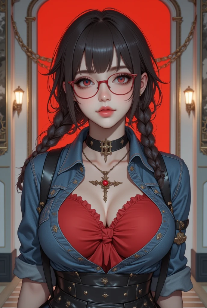 1girl, uchiha sarada in anime boruto, short hair, black hair, brown eyes, wearing red glasses, smile, beautiful, sexy clothes, sexy dress, red clothes, very big breast, realistic clothes, purple clothes, outdoor background, ultra detail, realistic