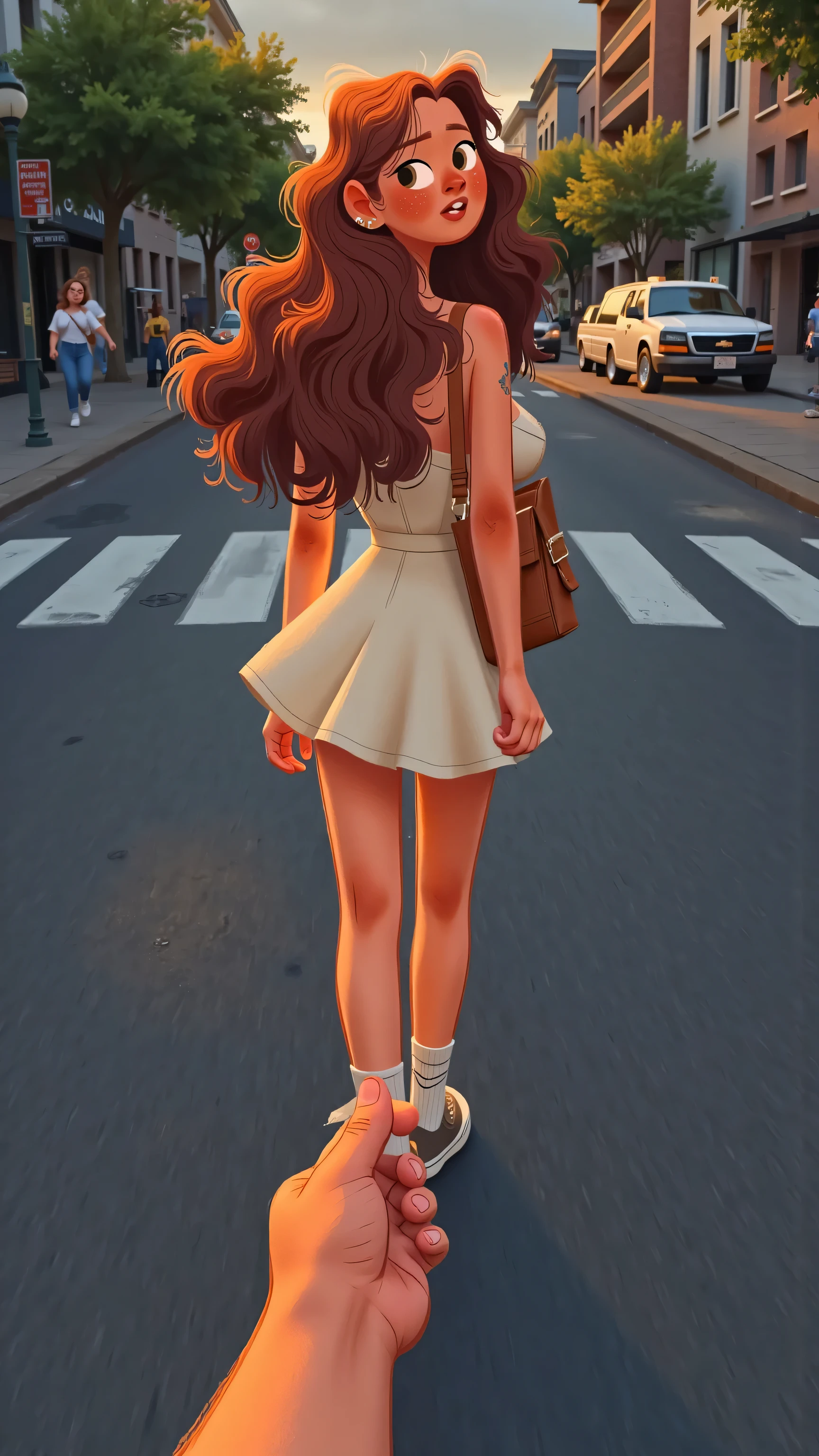 Panoramic aerial view front view+hand shake,creates a real sense of thrill;The heroine turned her back to the camera,A man crosses the street wearing a brown bag,long brown hair,wearing a white dress,white socks and colored sneakers;On a cloudy street corner; illustration style