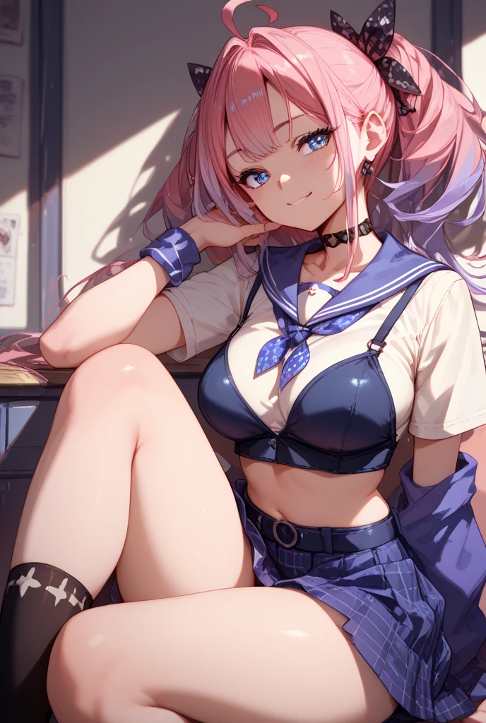best quality, beautiful, emilyab 1girl, pink hair, (short hair), twintails, hoop earrings, blue eyes, blush, smirk, blue jacket, black sleeves, gold bracelet,  white collar, short blue necktie, (cleavage), black top, black sleeves, midriff, navel, blue [miniskirt:pencil skirt:.6], cowboy shot,  arms behind back, <lora:Degen-Emily-v3:0.48> <lora:age_slider_v1:-.5>