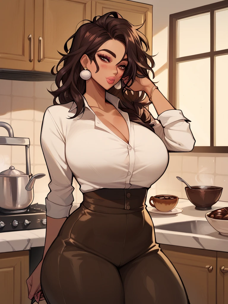 Mature busty ebony Milf,loose shirt,masterpiece,lighting,kitchen background