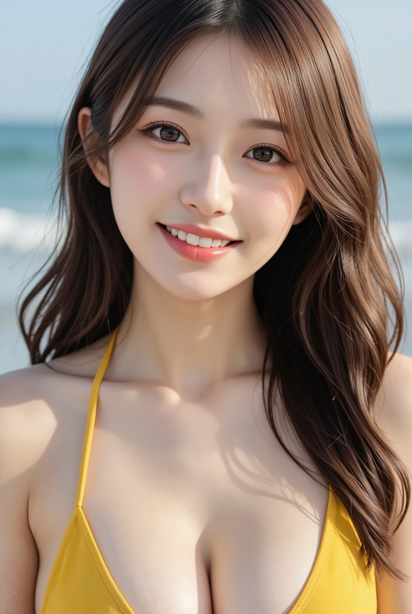 ((masutepiece)), ((Best Quality)), (Ultra-detailed), ((kawaii)), Cute, (lovely), ((Sexy)), (Ero), ((Extremely detailed)), 4K, (8K), Best Quality, (Beautiful), Illustration, Dynamic Angle, (Walking), Beach, Daytime, Summer, Pretty women, Solo, Mesh Bodysuit, Beautiful red hair, Beautiful blue eyes, ((Beautiful eyes)), Long hair, hanging breasted, earrings, Necklace, Happy smile, White teeth, blush, Lens Flare, shiny