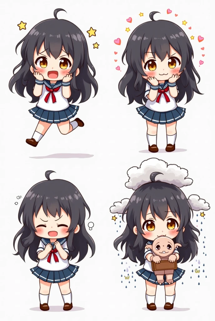 Cute anime schoolgirl, long wavy black hair, big amber eyes, small face, soft blush, kawaii style, Japanese school uniform (sailor outfit), pleated skirt, ribbon tie, white socks, brown loafers. 

Four emotional expressions: 

Joy – bright smile, eyes sparkling, hands on cheeks, stars and hearts around her, jumping happily. 

Anger – red puffed cheeks, frowning, clenched fists, small fangs showing, steam rising from head. 

Sadness – teary eyes, trembling lips, hugging a plushie, raincloud above head, hunched posture. 

Calm happiness – closed eyes, soft smile, holding a bento box, cherry blossoms falling around. 

Chibi or kawaii anime proportions, vibrant colors, white background, clean layout like a character emotion sheet.