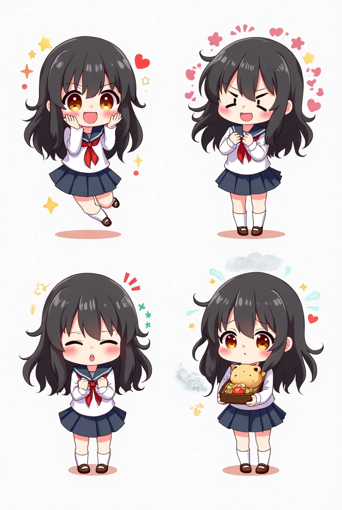 Cute anime schoolgirl, long wavy black hair, big amber eyes, small face, soft blush, kawaii style, Japanese school uniform (sailor outfit), pleated skirt, ribbon tie, white socks, brown loafers. 

Four emotional expressions: 

Joy – bright smile, eyes sparkling, hands on cheeks, stars and hearts around her, jumping happily. 

Anger – red puffed cheeks, frowning, clenched fists, small fangs showing, steam rising from head. 

Sadness – teary eyes, trembling lips, hugging a plushie, raincloud above head, hunched posture. 

Calm happiness – closed eyes, soft smile, holding a bento box, cherry blossoms falling around. 

Chibi or kawaii anime proportions, vibrant colors, white background, clean layout like a character emotion sheet.