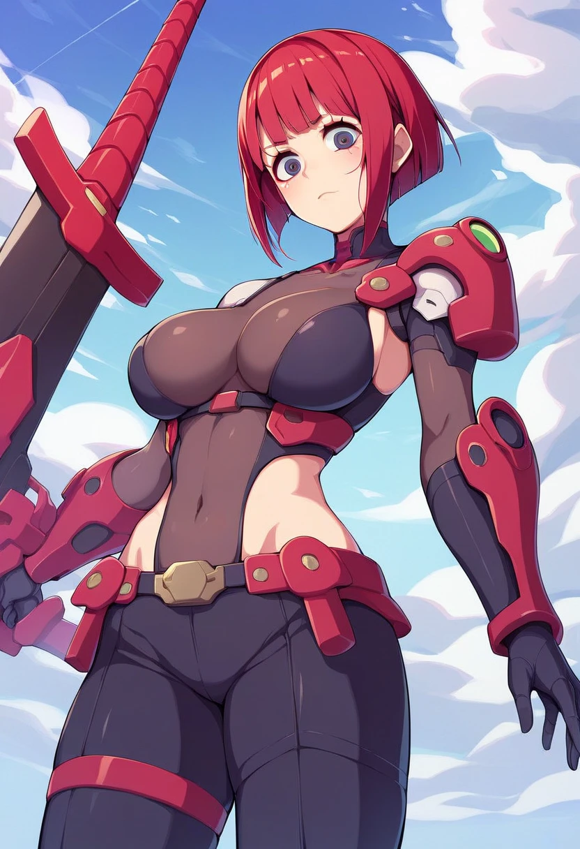 Girl, big boobs, red hair, long hair, ponytails, milf, armor, cave, flash