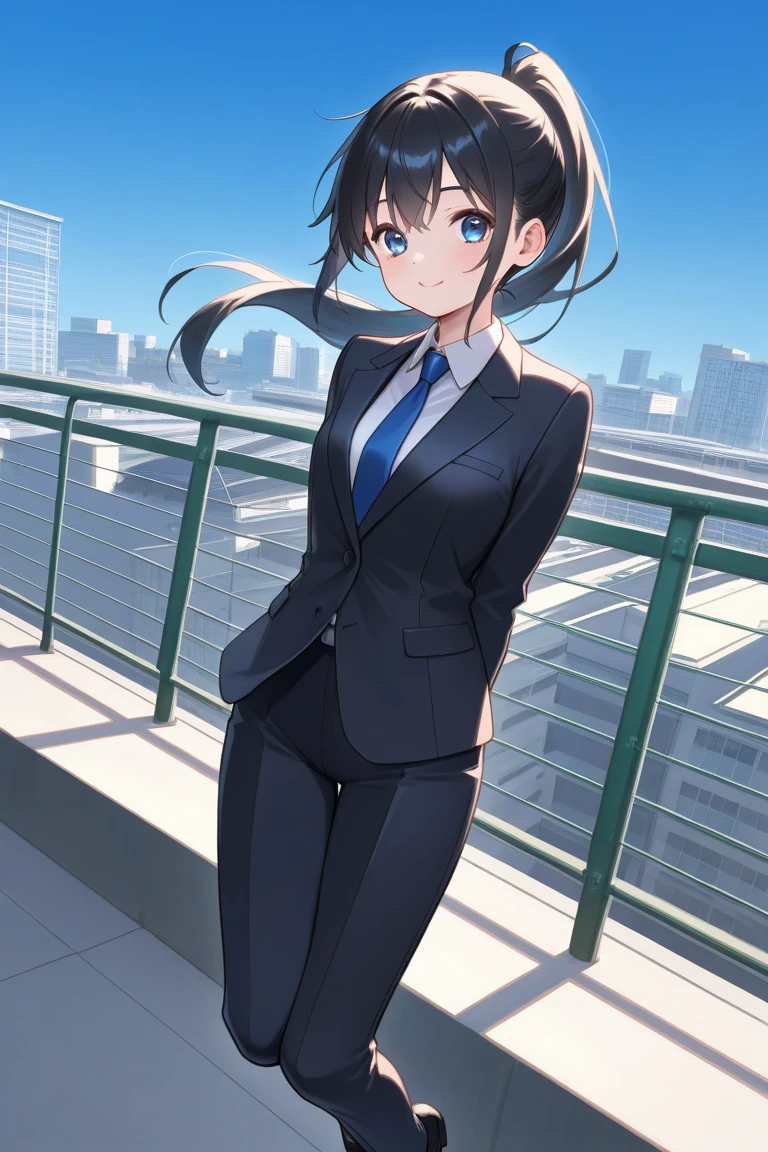 1girl, joy, happy, black long hair, standing, looking at viewer, <lora:YamadaAnna-AOM2-hard-pruned-with-vae_1.0+YamadaAnna-Anything-4-5:0.8>, brown iris, close up, blue sky, solo focus, photoshoot, model pose, raised eyebrows, voluptuous, business suit, ponytail, photorealistic, realistic, hyper realistic, city building rooftop,