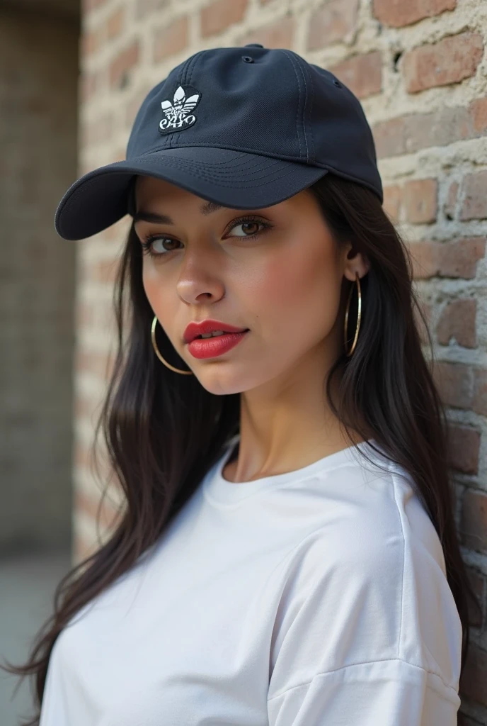 Christen Harper con una hermosa cara madura, cabello recogido, cejas grandes y tatuadas, con senos extra grandes. Mirando directamente al espectador, brunette, Representado de manera realista, wearing a black baseball cap and white t-shirt that complements his hair color, mostrando sus hombros y cuello, voluptuosa, con un bronceado acentuado y joyas elegantes, lipstick staining her lips, nariz definida, foto hiperrealista de la ciudad de Quito colonial en un dia soleado