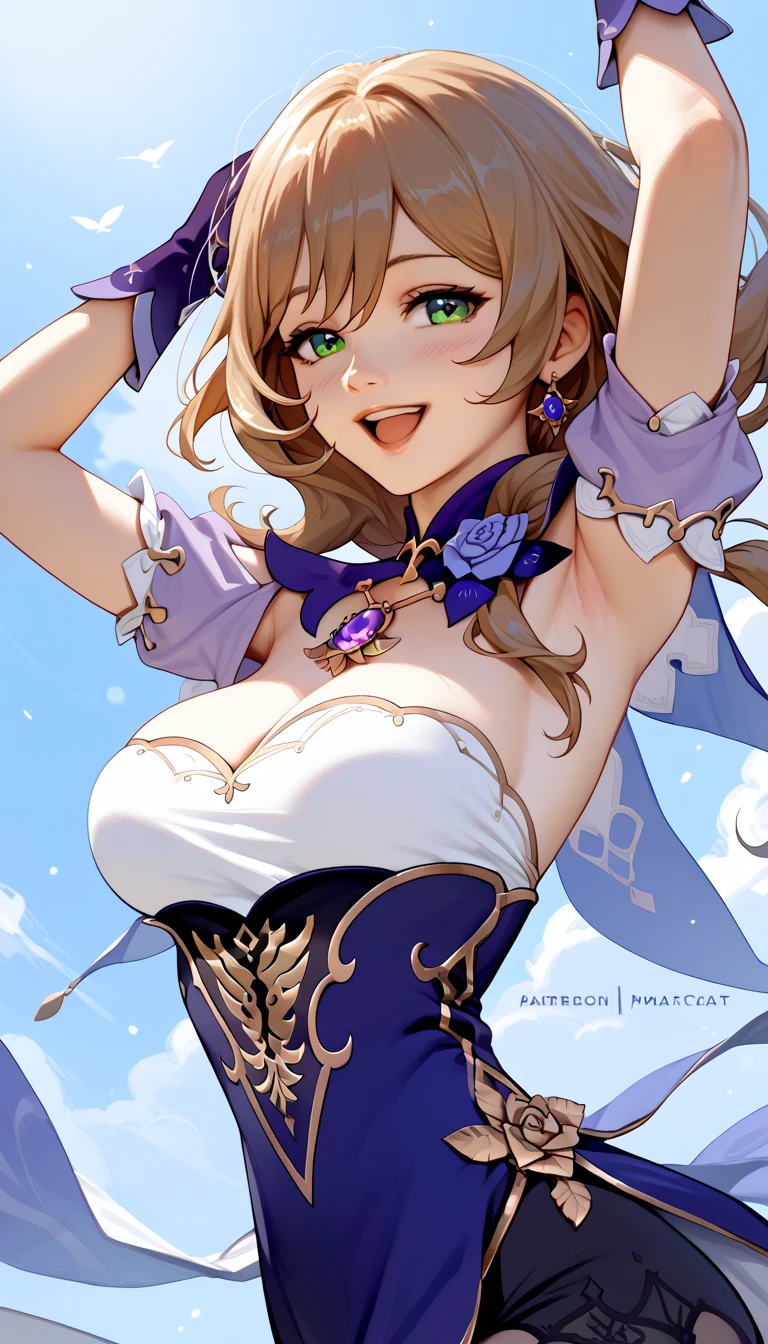 lisa (genshin impact), 1girl, solo, long hair, breasts, looking at viewer, blush, smile, bangs, large breasts, brown hair, hair ornament, dress, hair between eyes, green eyes, flower, short sleeves, parted lips, hair flower, white dress, rose, purple flower
