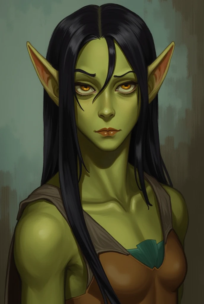 ((ultra quality)), ((tmasterpiece)), Goblin Girl, Short stature, ((black long hair tied in a ponytail)), (beatiful face), (beautiful female lips), (gold earrings in ears), Charming, ((sexy facial expression)), is looking at the camera, eyes slightly open, (Skin color: green), (green skin), Body glare, ((detailed beautiful female eyes)), ((green eyes eyes)), (juicy female lips), (dark eyeliner, brown lipstick), (beautiful female hands), ((perfect female figure)), perfect female body, Beautiful waist, Gorgeous hips, huge breasts, ((Subtle and beautiful)), seductively worth it (Rear view), (wearing a black business skirt, white shirt) background: office, ((Depth of field)), ((high quality clear image)), (crisp details), ((higly detailed)), Realistic, Professional Photo Session, ((Clear Focus)), the anime