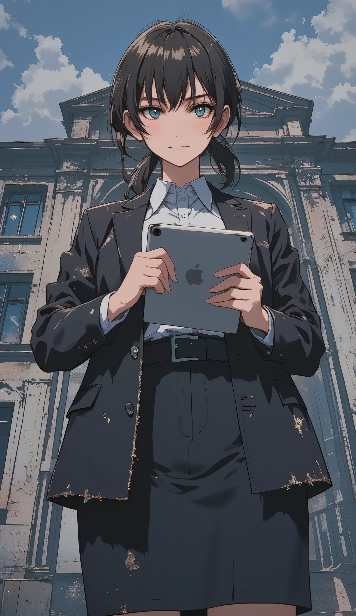 Medium-shot, vertical pastel-style illustration featuring Karina Astari, a 30-year-old woman standing in front of a school gate. She has a cold, arrogant smirk and sharp, slanted eyes that reflect superiority and harsh judgment. Her medium-length dark brown hair is tied into a low ponytail, giving her a strict, no-nonsense appearance. She wears a pristine office blouse tucked into a sleek pencil skirt, layered with a slightly frayed blazer that shows signs of frequent, authoritative use—the fabric appearing oddly aged at the edges. One hand holds a tablet close to her chest, while the other rests on her hip with a condescending posture. The lower part of her figure subtly fades into surrounding darkness. The background features an old school building under a cloudy, oppressive sky, rendered in soft pastel anime style—creating a quiet yet intense and domineering mood.