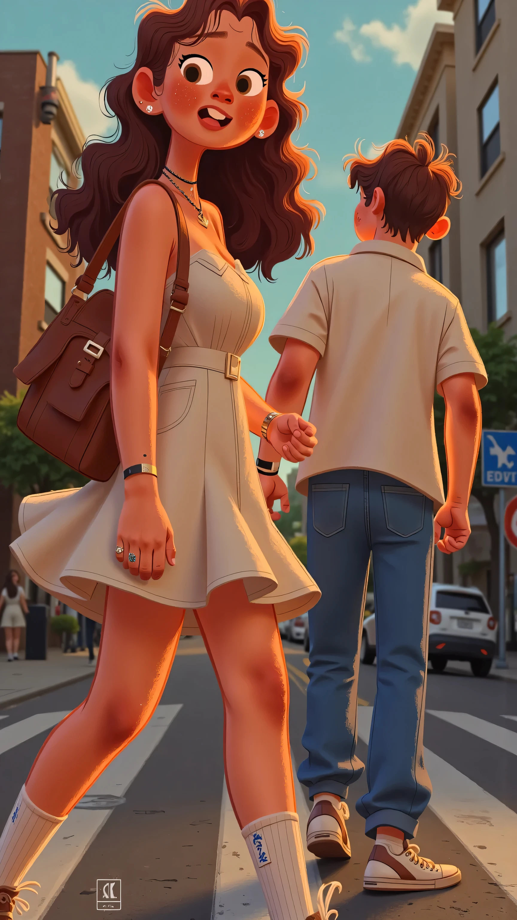Panoramic aerial view front view+hand shake,creates a real sense of thrill;The heroine turned her back to the camera,A man crosses the street wearing a brown bag,long brown hair,wearing a white dress,white socks and colored sneakers;On a cloudy street corner; illustration style