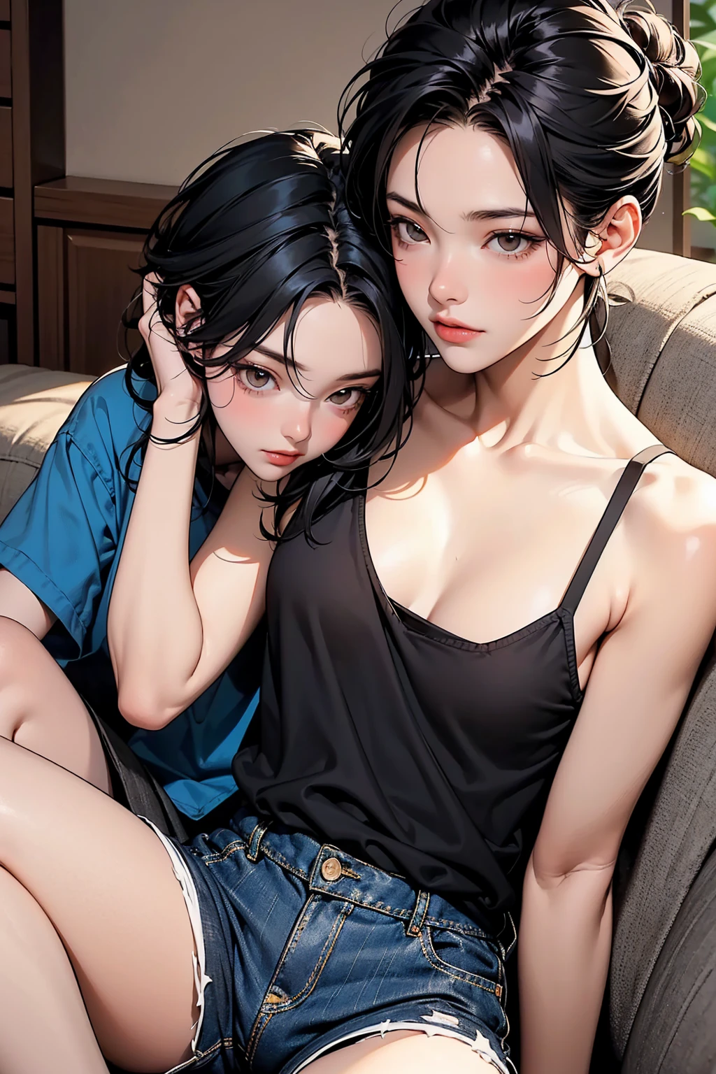 (two women:1.2)、(masterpiece:1.4)、(highest quality:1.4)、ultra high resolution、anime style、beautiful features、blonde bun hair、Black hair bun hair、earrings、Grey long-sleeved T-shirt、black tights、(huge breasts:1.1)、red face、smile、Hugging、luxury room、plush furnishings