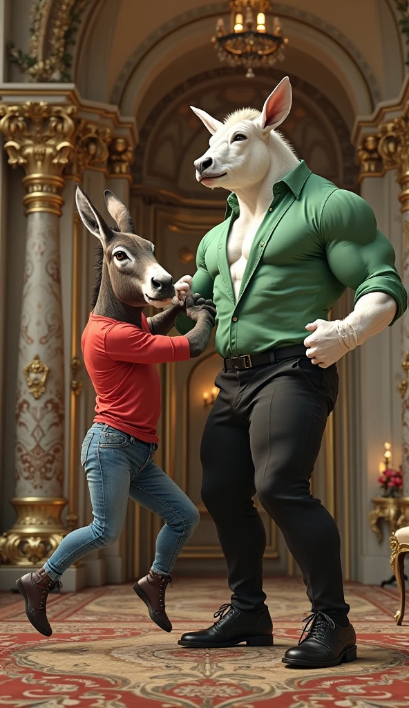 A strong beautiful man, brown eyes, wearing fighting jacket, looking straight worried and a donkey wearing underwear, standing on two legs in a tight steel jacket,looking excitedly towards at him in the royal palace aisle