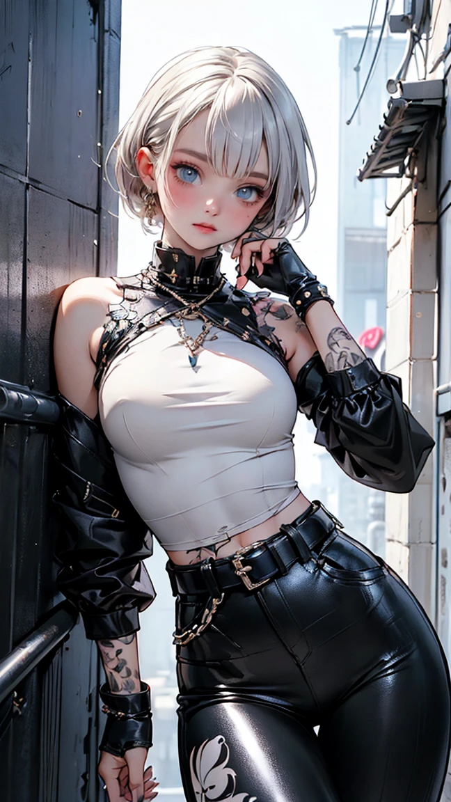 (Chest puffing pose),(Random Hairstyles),(Best image quality,(8k),Ultra-realistic,最high quality, high quality, High resolution, high quality,Attention to detail,Beautiful details,Fine details,Extremely detailed CG,Detailed Texture,Realistic facial expressions,masterpiece,in front),Bodysuits,stockings,Silver Hair, (((Tight waist))), ((Big Breasts)),(See through),(((He has many tattoos all over his body)),(NSFW:0.5)