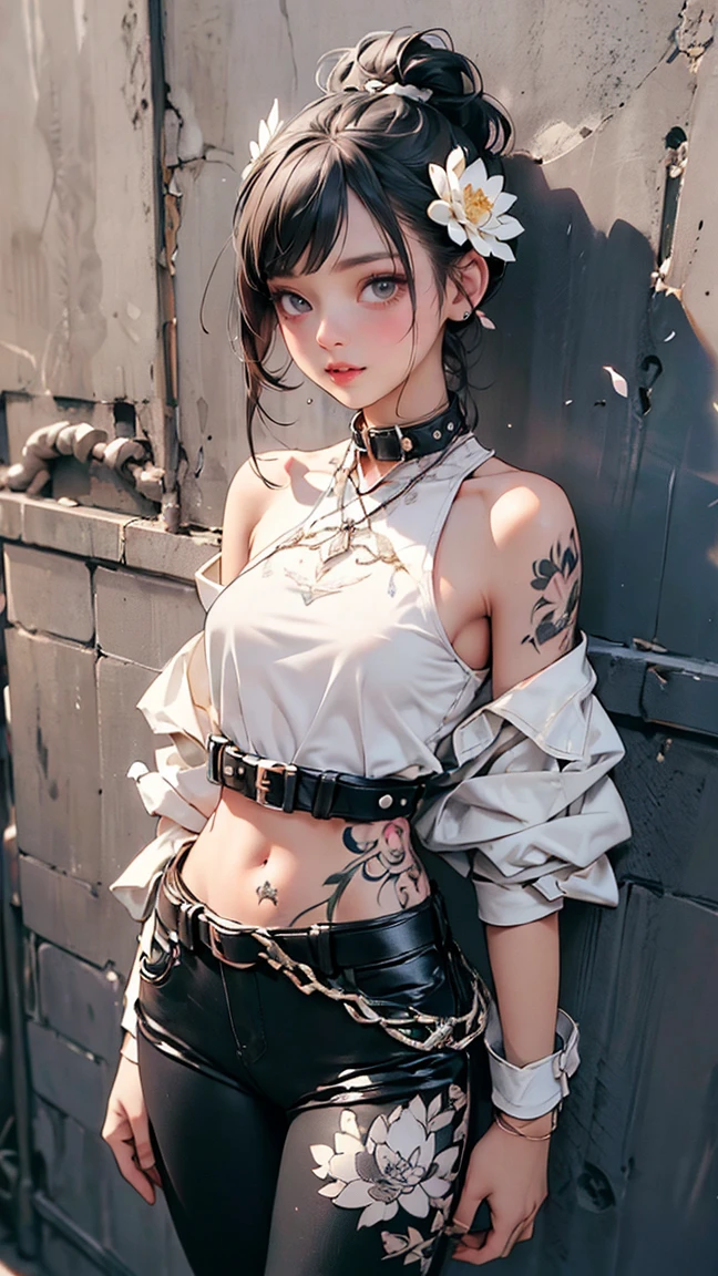 wonderful, masterpiece, white hair, Golden Eyes, White clothes, look up, Upper Body, hair, Fair skin, Side braid, Dragon Girl, (beautiful, Pure beauty), (Advanced light, Sharp contrast, Strong Deep Shadow Strong), (perfection, The details are in order), (feminine, Fantasy Illustration, epic beauty, overhead lens, Exquisite character art) (((He has many tattoos all over his body)), Streetwear, (((Tight shorts))), blonde, (((Tight waist))), ((Big Breasts)),(See-through)