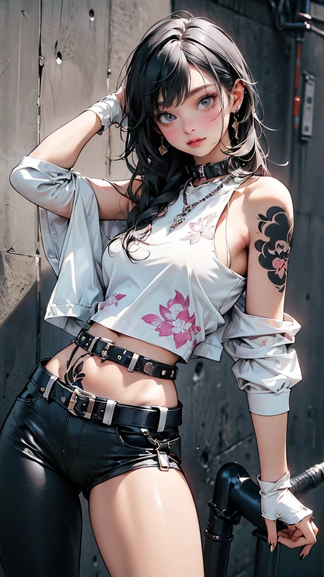 A 22 year old woman with red eyes and black hair,wearing white KIMONO made from silk,short pant wearing earing and necklace, have tattoos yakuza style, lie down on luxury bed, chilling and drunk ,looks mature,look menacing Woman body defined thick thighs cybernetic body parts, short underwear