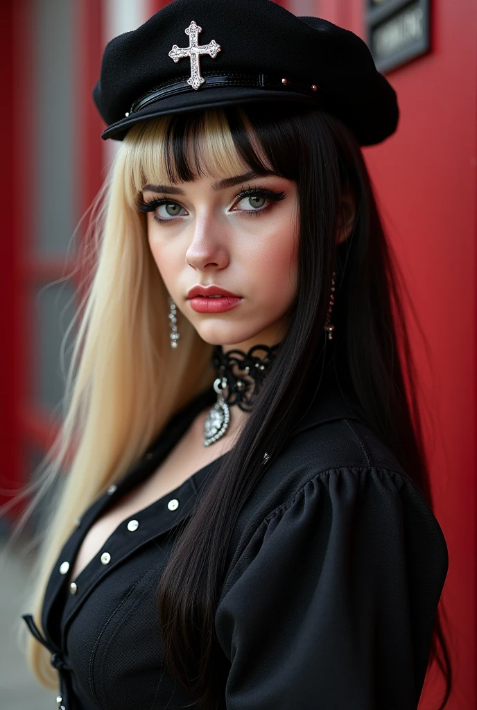 russian milf woman, grey hair (middle part, ponytail) and oversize colourful bandana as headband, with very light blue eyes, extremely pale. Wearing studded cropped black moto jacket with lots of zippers and pins, black push up bra with white seams , dark skinny blue jeans and pointy silver Chelsea boots with cuban heels  . Studded Choker. Lots of metallic bracelets and collars. Tacky wide studded leather belt with oversized skull and bones buckle. Long bohemian earrings. Kneeling like in a payer, looking at the camera, humble facial expression. Hands on her knees,  studded black leather tote bag with chains  Listening in amazement to somebody speaking to her, toned six pack abdominals, thin neck, slim legs and thin arms. Tattoed heavily.  A lot of people around looking at her, next to her, coins and all her belongings on the floor