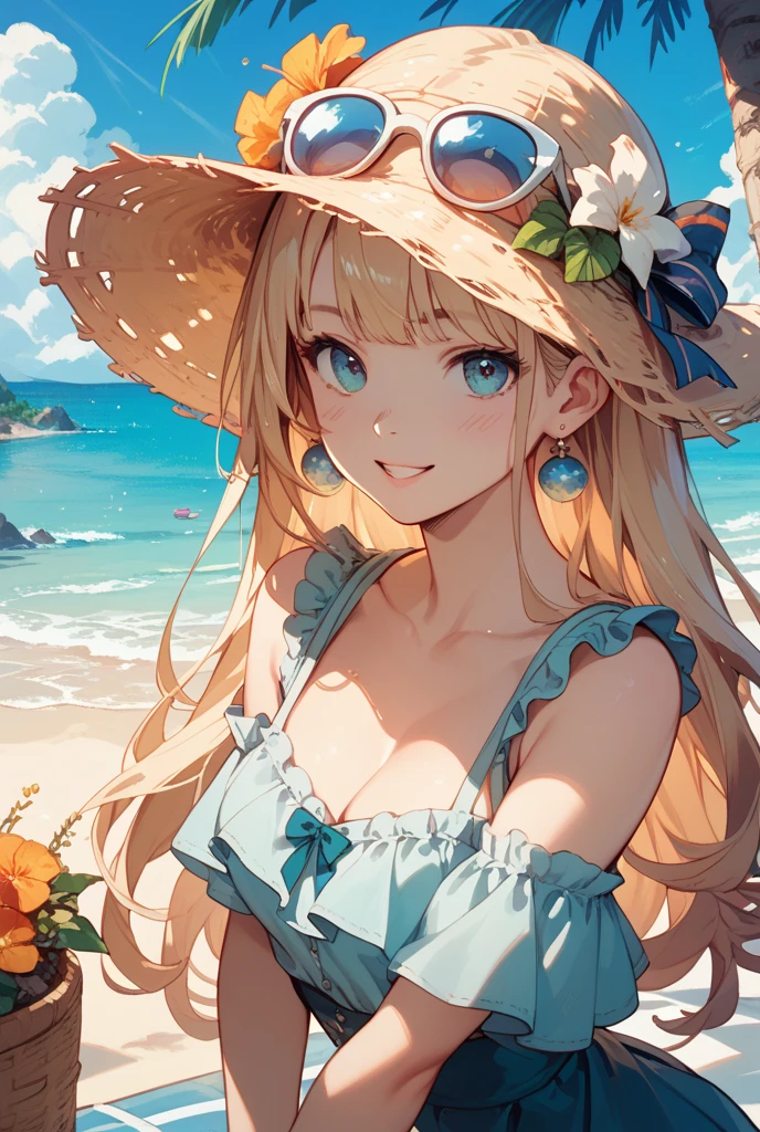 masterpiece、Massive landscape((Mysterious Sea、sand beach))、a beauty girl、huge tit、Blonde Shorthair、Embroidery on a long dress、Straw hat with floral decoration