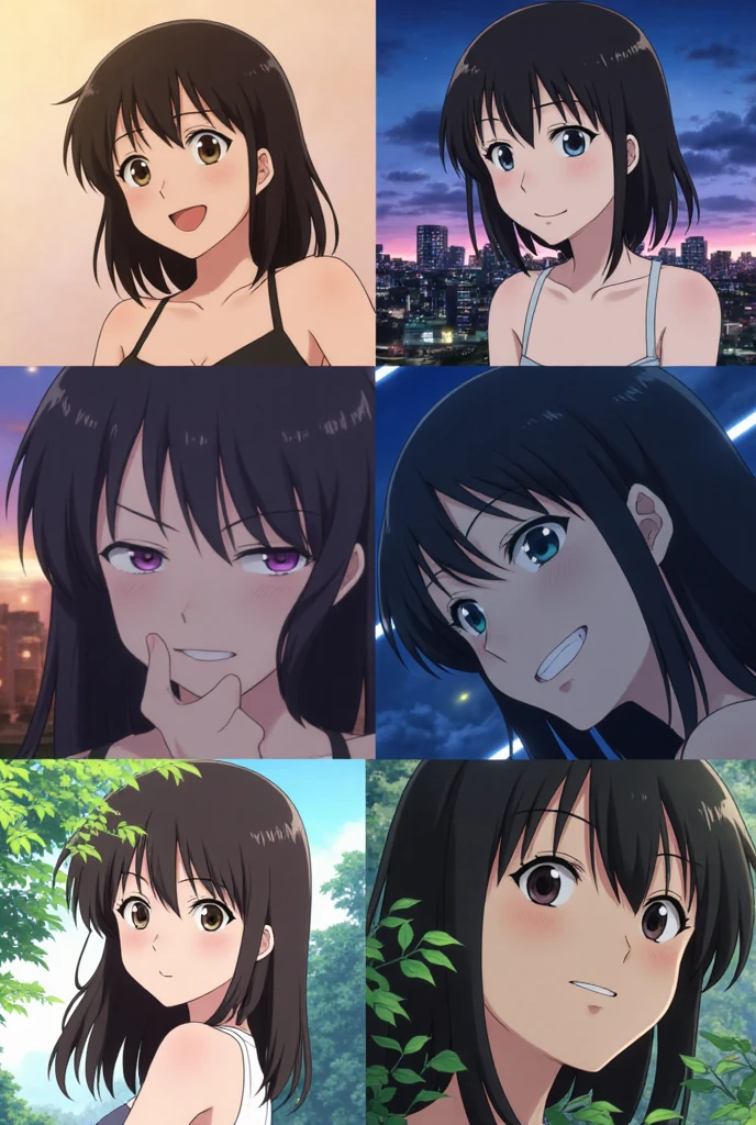 Navy blue school swimwear,ponytail、blunt bangs、Black Hair、super fine illustration,(((beautiful fine hair))),(((beautiful fine face))),(((beautiful fine background))),Midsummer、beachBlack Hair、student、bikini、ponytail、blunt bangs、Cross-eyed