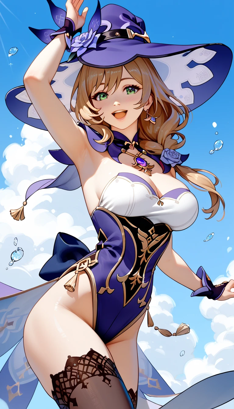((masterpiece)),(best quality),official art,extremely detailed CG,unity 8k wallpaper,ultra detailed,A lighthouse on a cliff by the sea,1girl,solo,cowboy shot,looking at viewer,green_eyes,black_thighhighs,witch_hat,black_gloves,cleavage,brown_hair,black_footwear,purple_headwear,smile,long_hair,dress,hat_flower,bangs,jewelry,hair_ornament,purple_rose,hair_between_eyes,large_breasts,purple_capelet,hair_flower,<lora:Lisa(gen)>,