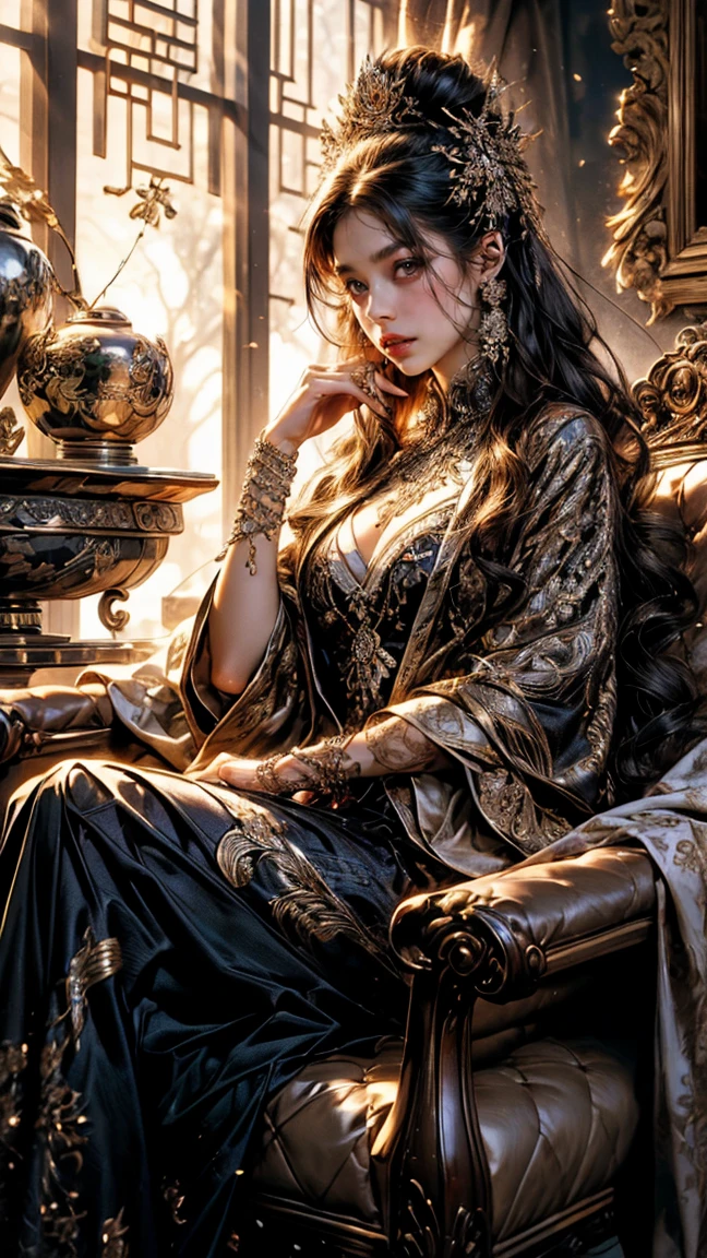Oil painting of a woman sitting on a couch in a restaurant, thick texture pattern, detail brush strokes, karol bak uhd, james gurney painting style, wadim kashin. ultra realistic, by Marek Okon, style of karol bak, sensual painting, style of raymond swanland, by James Gurney, ( ( konstantin razumov ) ), beautiful art uhd 4 k