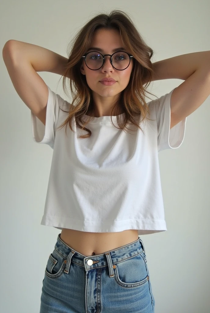 Ultra-realistic creates a 28-year-old girl, long copper-brown hair, oval face, brunette with Italian, with glasses, brown eyes, charismatic, friendly, fashion designer, dressed in a white top, jeans and sneakers, in a sewing workshop, with measuring tape on the neck and grabbing fabrics to sew, photographs taken with the three-lens camera of the iPhone 14pro max, with natural light and shadows, full-body photo, realistic