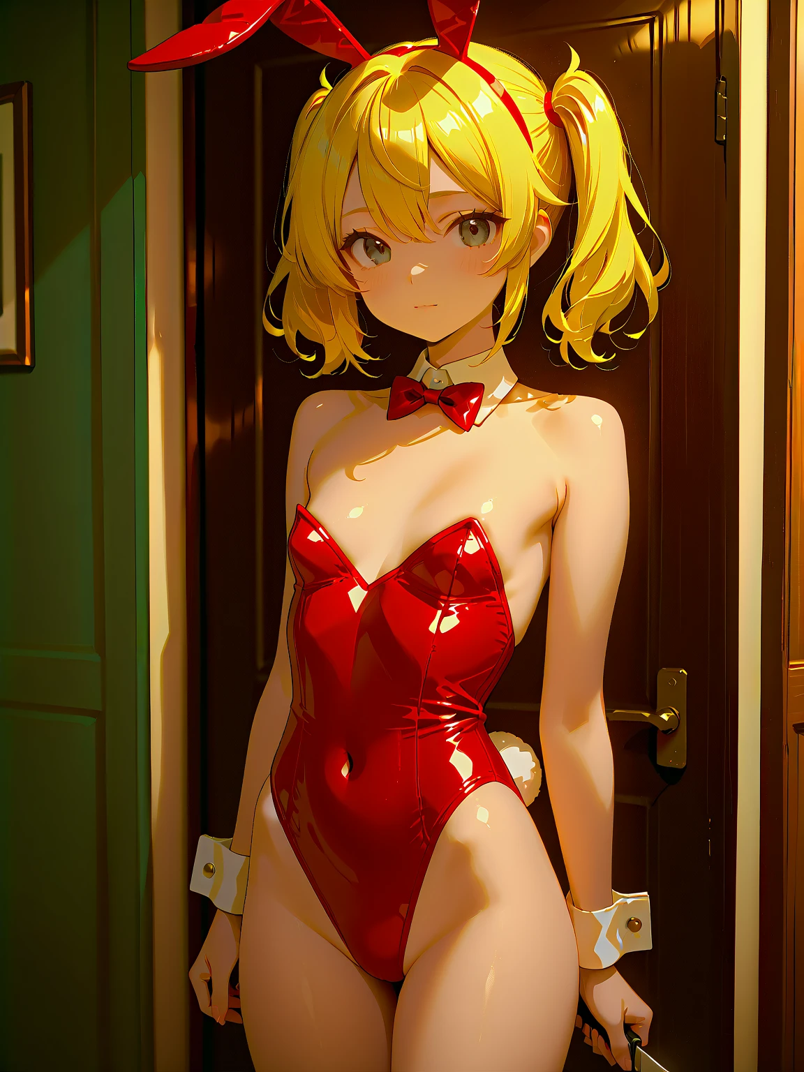 ((Masterpiece)), ((best quality)), (Anime:1.3), (super detail:1.2),(High Definition:1.3), (Professional Photography:1.2), (very aesthetic:1.2), (absurdres:1.2), (sharp focus), (perfect light), (()), ((1girl)), (full body), solo, (small breast), look at viewer, (playboy_bunny:1.3), naked shoulder, ((Argyle patterned wall)), clear face, loose blunt bangs, messy hair, short hair, blonde hair, naughty smile, open mouth, high-heeled shoes, (Decorated deep crimson flowers), (Sitting cross-legged at the bar counter),
