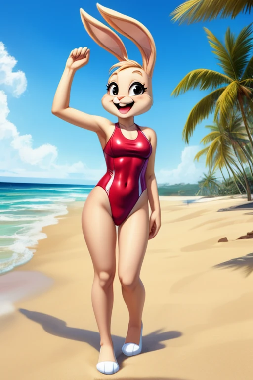 (one balloon humanoid inflatable anthropomorphic female rabbit inflatable made out of inflatable shiny plastic), (in style of zootopia), Lifeguard red bikini, "POP ME" written on the bikini, full view, floats in the air. big buttocks, huge breasts, air canister in ass, moan face