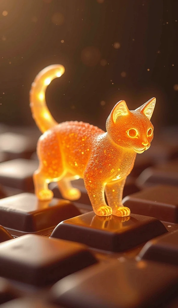 (masterpiece, best quality:1.1), (clear candy:1.1), 3d, food, gummy, tangerine theme, no humans, animal, (cat:1.1), fur, glowing