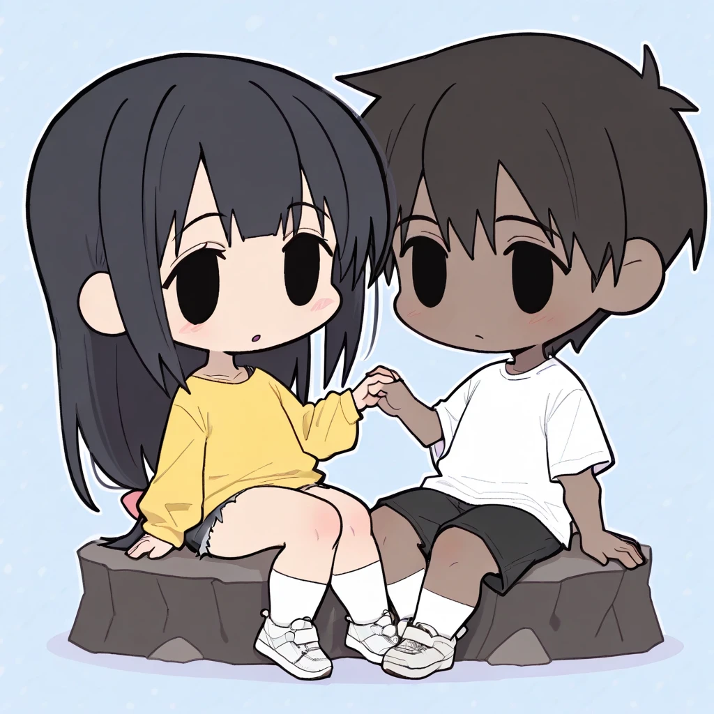 Realistic image featuring two characters sitting on a blue blanket in an outdoor setting with a large, arched brick structure in the background. The character on the left is a young girl with long black hair, wearing a black dress and black knee-high socks. She has fair skin and is holding a small object in her hand. The character on the right is a young boy with short blonde hair, wearing a white short-sleeved shirt and black pants. He has fair skin and is holding a drink can in his left hand while reaching out with his right hand towards the girl. The scene is set in a calm, evening atmosphere with a blue-green tint.