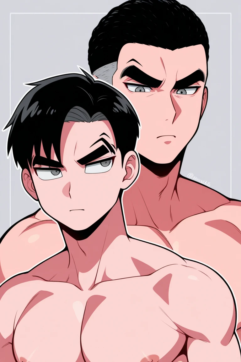 2 men, dragon ball style in color, having hard gay sex, sweating, very hairy bodies, devastated expressions, dynamic poses, sweating.