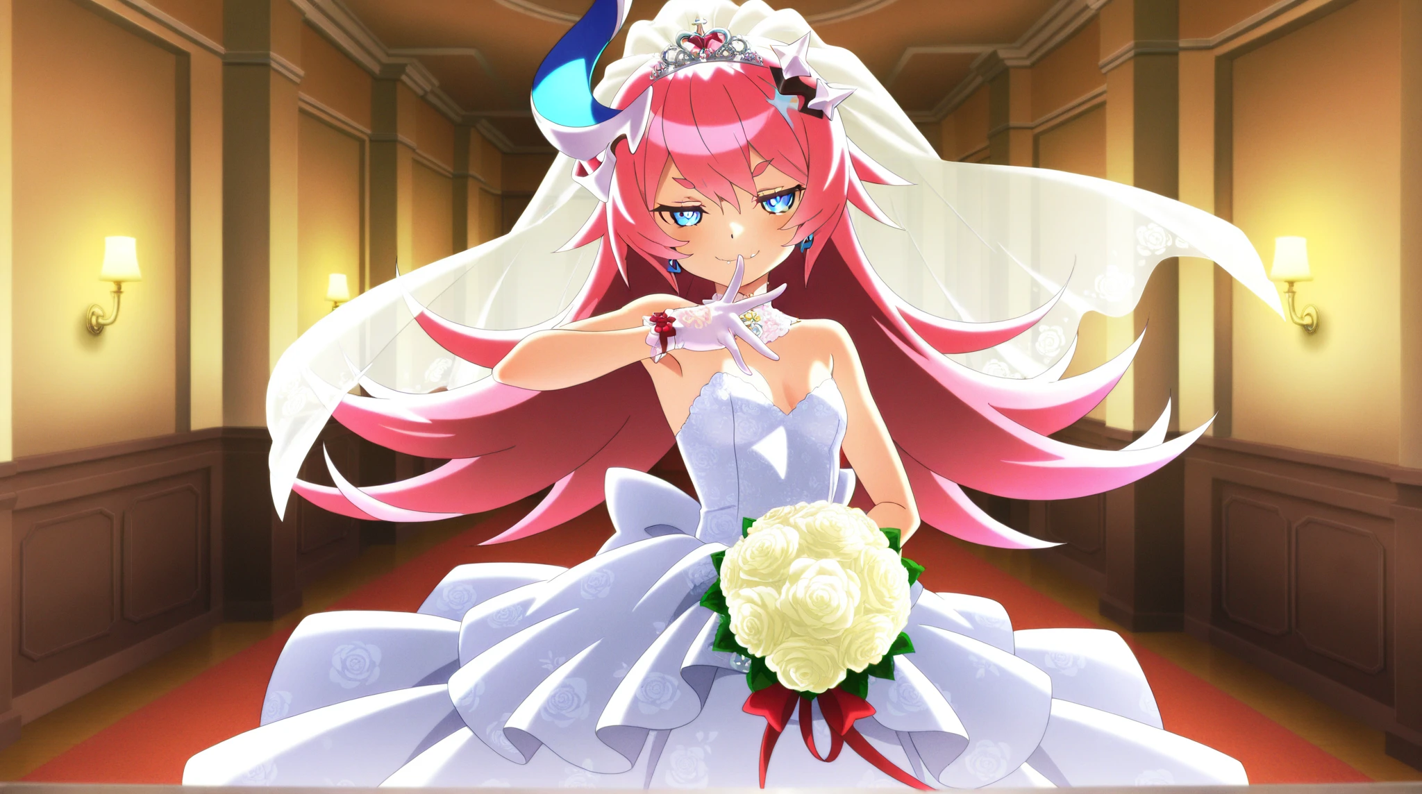 armpit crease, backless outfit, bangs, bare shoulders, blonde hair, blush, breasts, bridal veil, bride, clavicle, cleavage, clothing, dress, exposed shoulders, eyebrows visible through hair, eyelashes, feet out of frame, female, female focus, female only, flowing hair, frilled dress, frills, headdress, headwear, jewelry, long dress, long hair, looking at viewer, medium breasts, off shoulder, off-shoulder dress, open-back dress, ornate ring, petals, pink eyes, pink hair, red eyes, ring, see-through, shiny, shiny hair, sideboob, sidelocks, sleeveless, sleeveless dress, smile, strapless, strapless dress, transparent clothes, veil, wedding dress, wedding ring, white dress, wind,