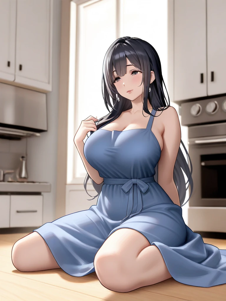 From above, lifelike, high - resolution, full body, 2 sexy young Asian girls with a perfect body, 16 years old, super skinny, teenage, amazing beauty, extraordinarily attractive, Super fine face and eyes, beautiful smile, black hair, big busty, colossal breasts, Exposed cleavage, bare chested, wet, flip flops, pretty feet, perfect feet, perfect toes, detailed feet, one breast out, sitting on white tile kitchen floor 