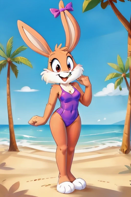 lolabunny, 1girl, solo, furry female, rabbit ears, rabbit girl, animal nose,white gloves, blue eyes, body fur, standing, tail sleeveless,buck teeth,smile,{{{{{Big Hips}}}}}},{{{{{{Hips}}}}}},{{{{{{thicc}}}}}},{{{{Huge ass}}}},{{{{{{{{Fat ass}}}}}}}},{{{{{{{{Fat Hips}}}}}}}}, full body,looking at viewer, outdoors, bikini, swimwear, bra, black bikini,score_9, score_8_up, score_7_up, score_6_up, score_5_up, score_4_up
