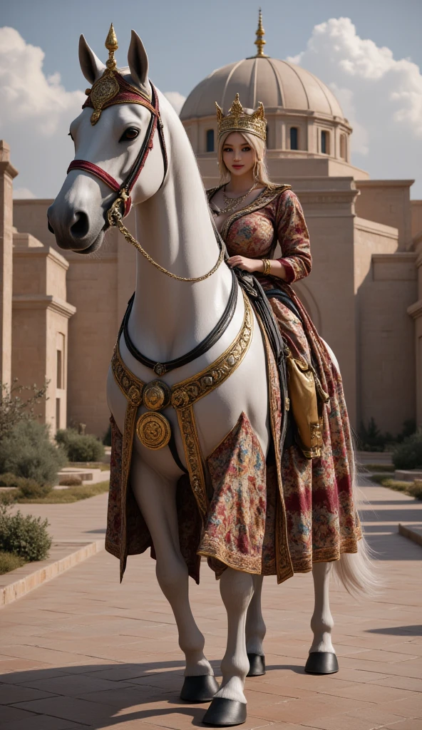 a beautiful young hijabi girl, 17 years old, extremely detailed face, expressive eyes, luscious lips, voluptuous figure, wearing a sexy white kebaya and batik, golden bangles, bracelets, necklaces, swiss golden watch, riding horses, equestrian, cinematic, elegant, feminine, luxurious, (best quality,4k,8k,highres,masterpiece:1.2),ultra-detailed,(realistic,photorealistic,photo-realistic:1.37),intricate details,highly detailed,dramatic lighting,warm color tones,soft focus,elegant composition,striking pose,vivid colors