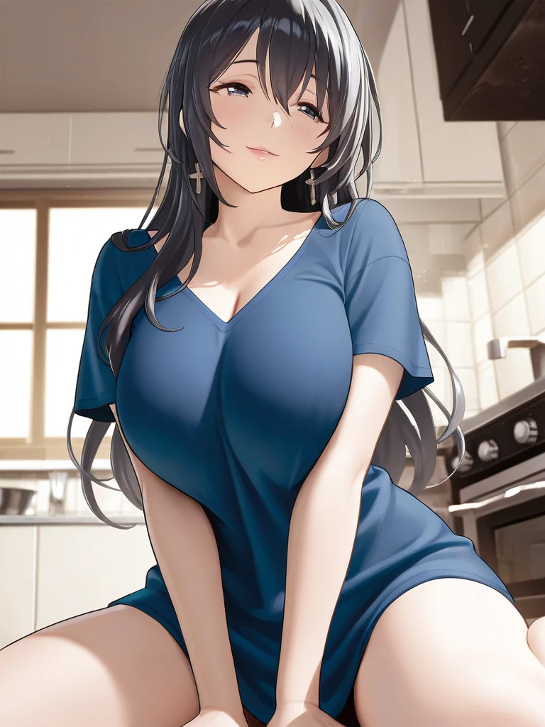 detailed illustration (side view),dynamic angle, ultra-detailed, illustration, pose for the camera, smiling at viewer, clean line art, shading, anime, detailed eyes, detailed face, beautiful face, (1 girl: 1.2), anime, full body, POV from below looking up at woman,
1950’s stay at home wife, (tight button up blouse:1.5), cleavage, (long skirt:1.2), half lidded eyes, 1950’s style kitchen, long black hair, (well endowed: 1.8), sexy wholesome, motherly, nurturing, MILF, thick, curvy,